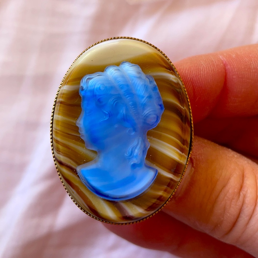 Vintage blue and brown XL huge glass cameo ring